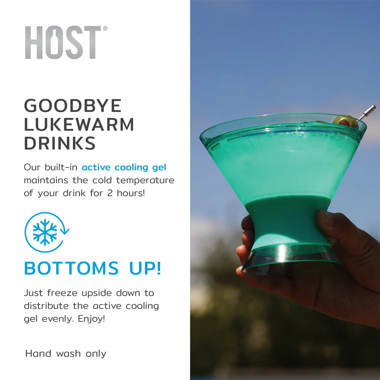 Turquoise cocktail in a glass with text about cooling gel on the left side, held by a hand against a blurred outdoor background.